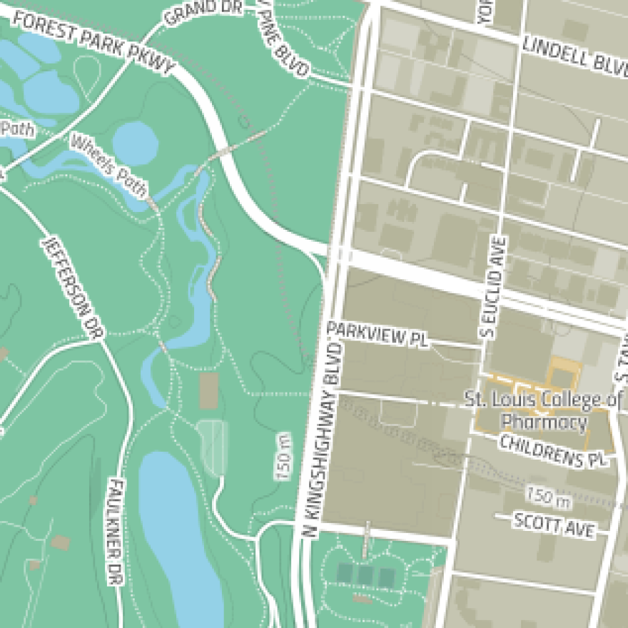 Road map of Forest Park and the Central West End in St. Louis, MO.