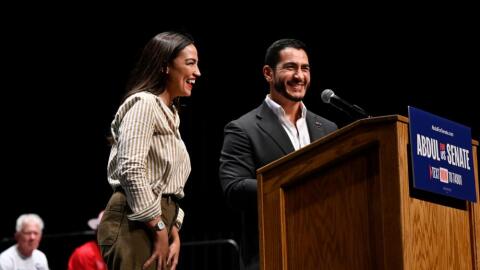 Michigan Democratic U.S. Senate primary candidate Abdul El-Sayed, right, is joined on stage by U.S. Rep. Alexandria Ocasio-Cortez, D-N.Y., during a campaign rally, Saturday, July 18, 2026, in Detroit. (Jose Juarez/AP)