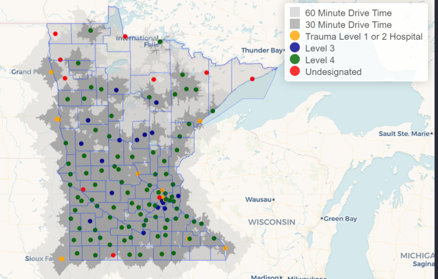 A map shows the drive times to Minnesota's designated trauma hospitals as of 2025.