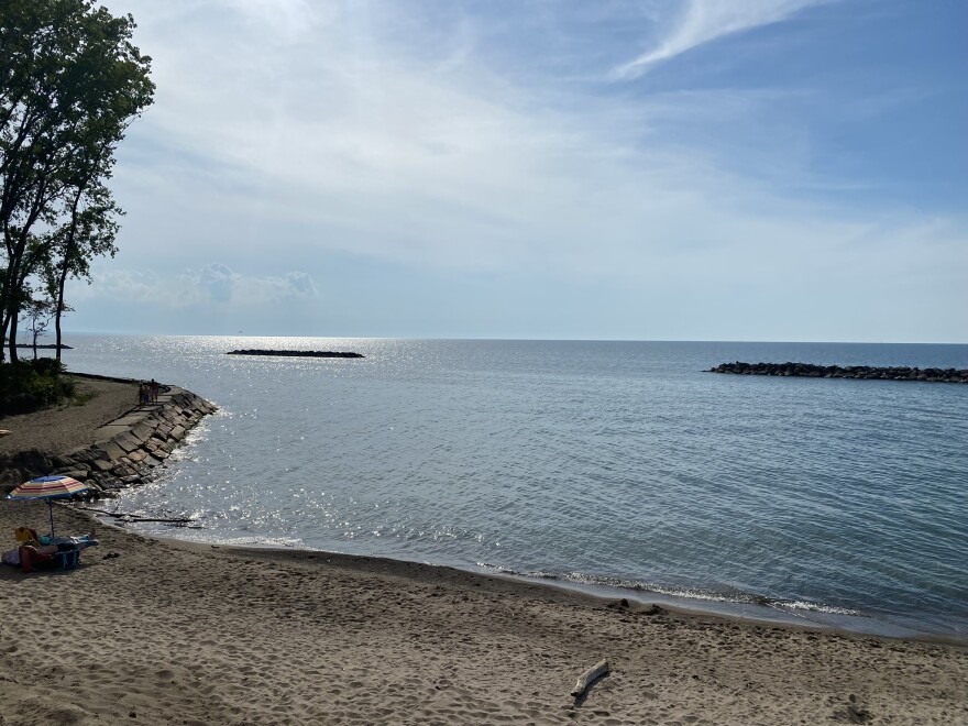 A beach on Lake Erie on a sunny, summer day.