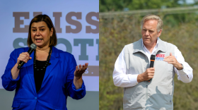 Rep. Elissa Slotkin (D-MI), left, speaks at a campaign event at Central Michigan University on Oct. 17. Former Michigan Congressman Mike Rogers, right, addresses a crowd at a Aug. 21 rally in Big Rapids.