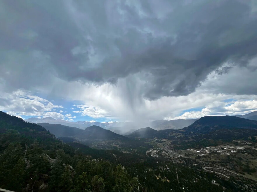 Rain clouds passing over Rocky Mountain National Park near Estes Park, Colorado on Sunday, August 16, 2026.