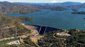 An aerial view of Lake Shasta and the dam in Shasta County, on May 9, 2024. On this date, the reservoir storage was 4,380,600 acre-feet (AF), 96 percent of the total capacity.