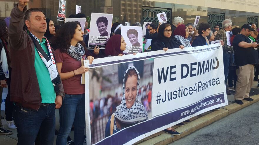 Protestors in support of Rasmea Odeh, a Palestinian American social activist and alleged terrorist, lined up outside of the federal courthouse on Lafayette street in Detroit.