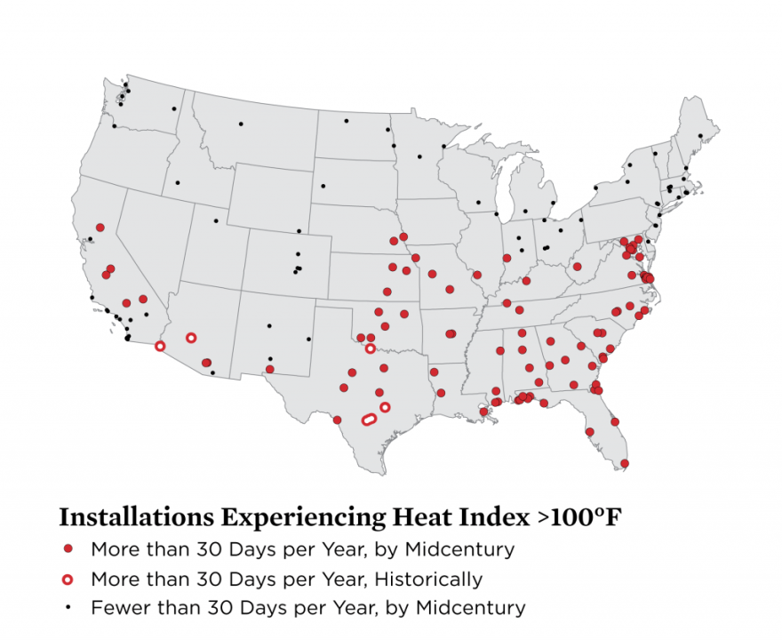 Map of U.S. military installations experiencing heat index values above 100 degrees.