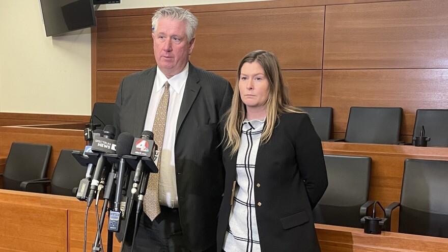 Defense Attorneys Mark Collins and Kaitlyn Stephens speak to reporters following a verdict in the trial of Blendon Township Police Officer Connor Grubb