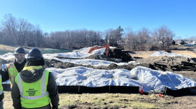 Construction of the upper Bemis Pond dam being removed at Szot Park in Chicopee.