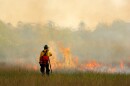 Wildfire in the Florida Everglades; grass in flames and smoky fumes rising. A fireman leaning on a shovel faces the flames 