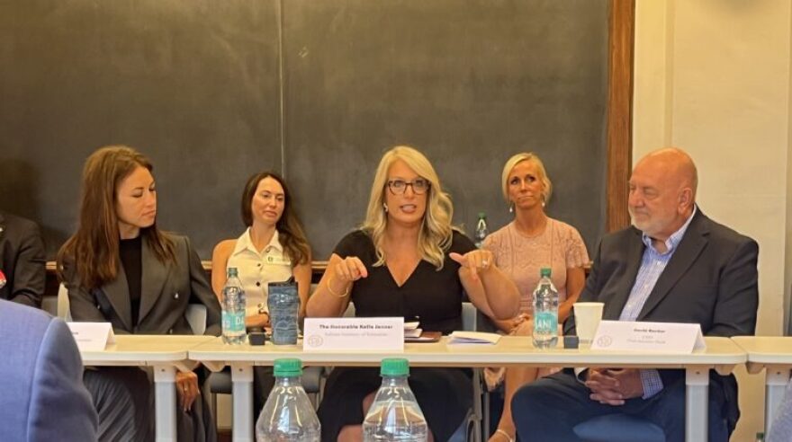Indiana Secretary of Education Katie Jenner talks at a Purdue University roundtable on July 16, 2025