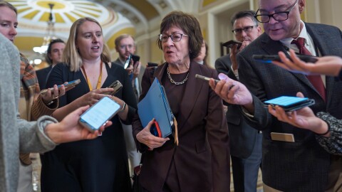 Sen. Susan Collins, R-Maine, chair of the Senate Appropriations Committee, talks with reporters outside the Senate chamber, at the Capitol in Washington, Tuesday, Jan. 6, 2026.