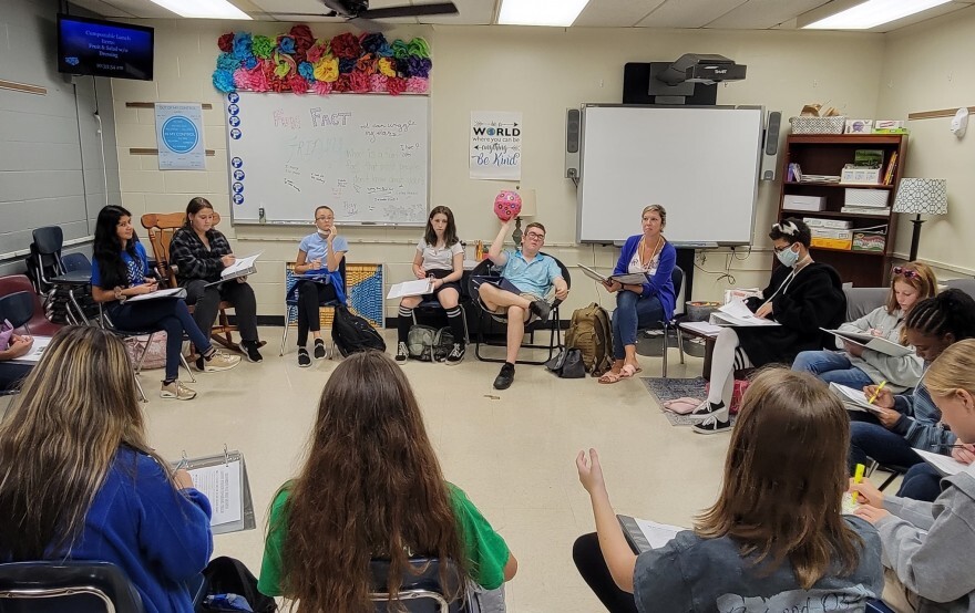 A class session at Union County's Parkwood Middle School, where masks inside are optional.