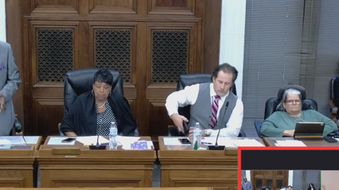 Akron City Councilmember Johnnie Hannah (left) speaks in opposition of a benefits agreement on May 18, 2026. Council approved the contract 12 to 1, with Hannah dissenting.
