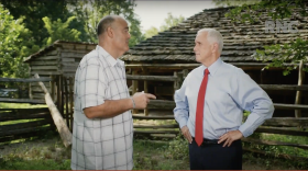Geno DiFabio, Youngstown truck driver, talking with Vice President Mike Pence outside of Abraham Lincoln's boyhood home in Indiana.