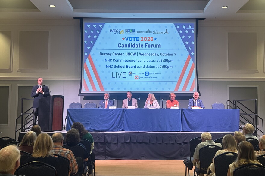 On Wednesday, Oct. 7, WECT, Port City Daily, UNCW’s The Seahawk, and WHQR Public Media held a New Hanover County Board of Commissioners forum for five candidates running for office. From left: Moderator Jon Evans from WECT, Republican Richard Collier, Libertarian Bob Drach, Republican LeAnn Pierce, Democrat Dr. LeShonda Wallace, and Democrat Rob Zapple.