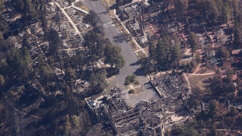 A view of the remains of the Grand Canyon Lodge during Arizona Gov. Katie Hobbs' aerial tour of the wildfire damage along the canyon's North Rim, Ariz., Saturday, July 19, 2025. (Joe Rondone/The Arizona Republic via AP, Pool)
