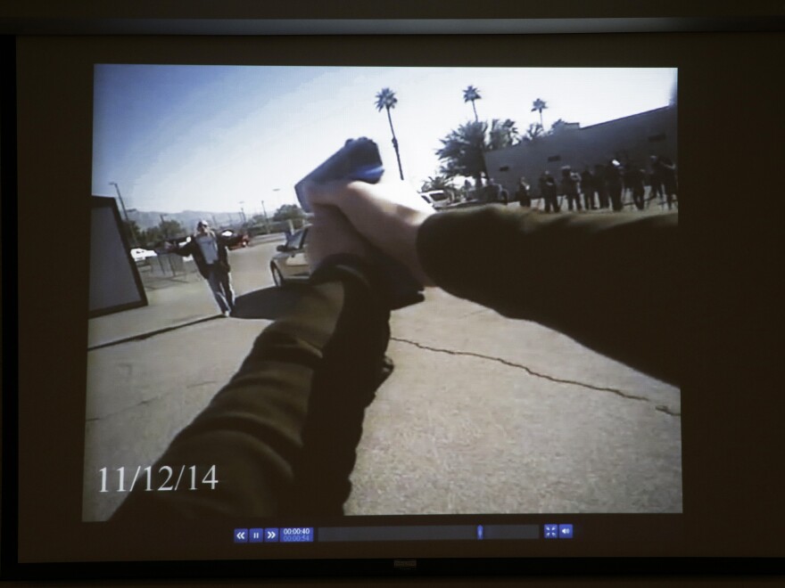 Footage from a Las Vegas Police Department body camera demonstration is projected on a screen in November.