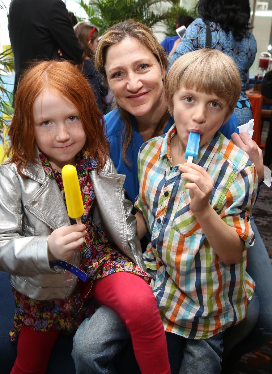Falco and her children, Macy and Anderson, enjoy a frozen treat at the <em>Rio 2</em> screening after-party in New York in March.