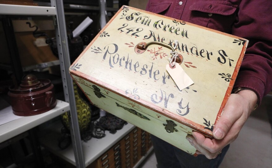 Seth Green's handmade tackle box at the Rochester Historical Society. Green was a pioneer in fish farming and established the first fish hatchery in the United States.