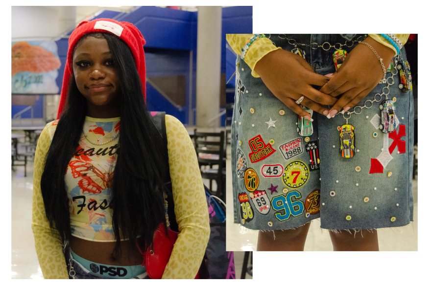 Azyia Chatmon, a sophomore at Central High, wore a car-centric look on the first-day of school including a pair of jorts featuring different road signs and a wallet chain adorned with Hot Wheels .