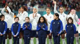 USA players applaud fans after the national anthem prior to the FIFA Women's World Cup Australia & New Zealand 2023 Group E match between Portugal and USA at Eden Park in Auckland, New Zealand.