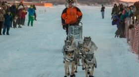 Pete Kaiser and his dog team approach the finish line, moments before their third-in-a-row Kuskokwim 300 victory. (Photo: Kaiser Racing Kennel)