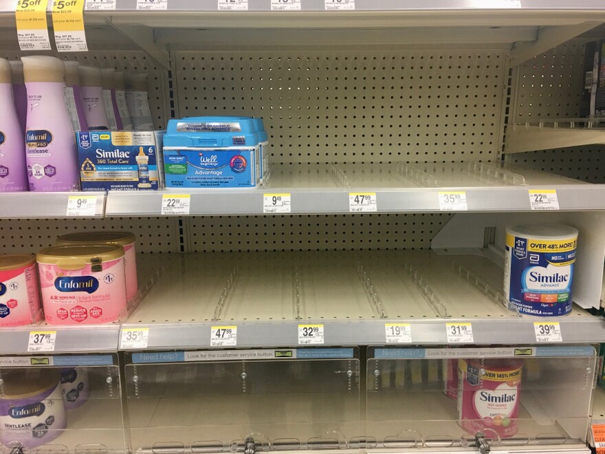 Shelves where baby formula should be at a local Walgreens are half-empty as stores around the country grapple with a supply shortage.