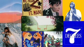 Four album covers stacked on top of each other with another one laid over in the center of the image.