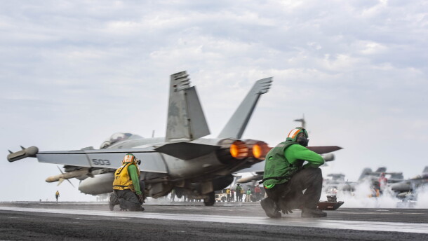 An E/A-18G Growler, attached to the "Zappers" of Electronic Attack Squadron (VAQ) 130, launches off of the flight deck of USS Dwight D. Eisenhower in the Red Sea.