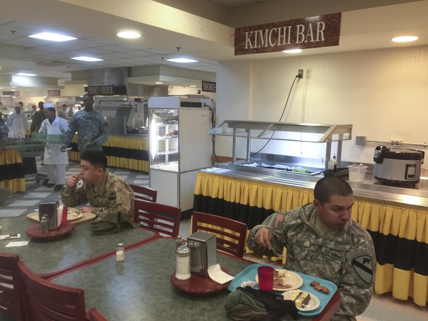 At the Camp Casey dining hall, soldiers have the typical American fare, but can try out Korean food at the Kimchi Bar, where in addition to various kimchis, common Korean snacks like seasoned dried seaweed are served.