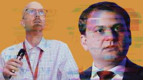 Two men are digitally edited with tv bar effects 