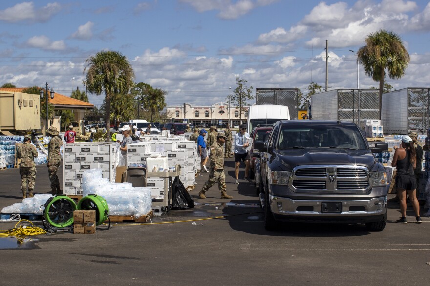 A post-Hurricane Ian supply hub, set up by the National Guard, FEMA and Sarasota County, in North Port, Fla., on Wednesday.