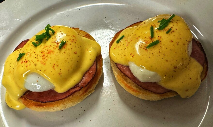 Close up of Eggs Benedict prepared by students from the Ashland High School Culinary Program
