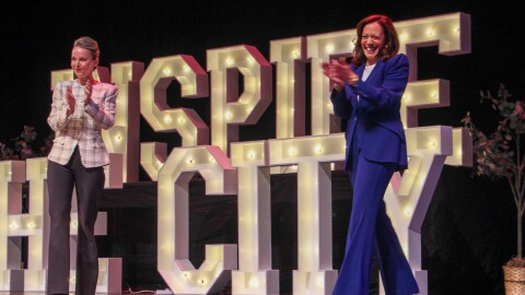 Former vice president Kamala Harris on stage at the Mahalia Jackson Theater with New Orleans Mayor Helena Moreno on Aug. 7, 2026.