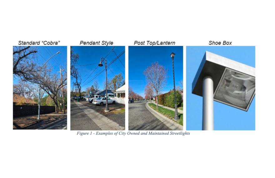 Examples of different types of streetlights in Chico from an April 7, 2025 Internal Affairs Committee agenda report.