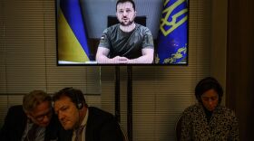 Ukrainian President Volodymyr Zelenskyy delivers a statement by videolink during an event on the sidelines of the World Economic Forum annual meeting in Davos on Wednesday.