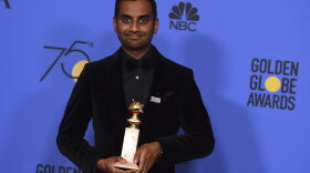 Aziz Ansari poses in the press room with the award for best performance by an actor in a television series - musical or comedy for "Master of None" at the 75th annual Golden Globe Awards. (Jordan Strauss/Invision/AP)