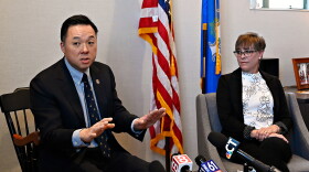 Connecticut Attorney General William Tong, left, announces a new $6 billion settlement deal with Stamford-based Purdue Pharma, the makers of Oxycontin. Tong was joined at his office in Hartford Thurs., March 3, 2022 by Connecticut family members like Paige Niver (right), of Manchester, who've been affected by the opioid epidemic.