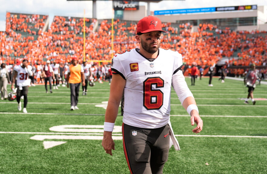 Tampa Bay Buccaneers quarterback Baker Mayfield (6) leaves the field after a 33-27 loss to the Cincinnati Bengals in an NFL football game Sunday, Sept. 13, 2026, in Cincinnati.  