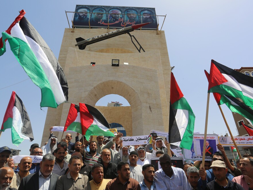 Palestinians demonstrate against Israel's annexation plans in Rafah, Gaza, on June 11. Palestinian leaders have begun refusing to coordinate with Israel on matters of daily Palestinian life, from tax collection to policing to medical treatments — a move some Palestinians see as self-defeating.