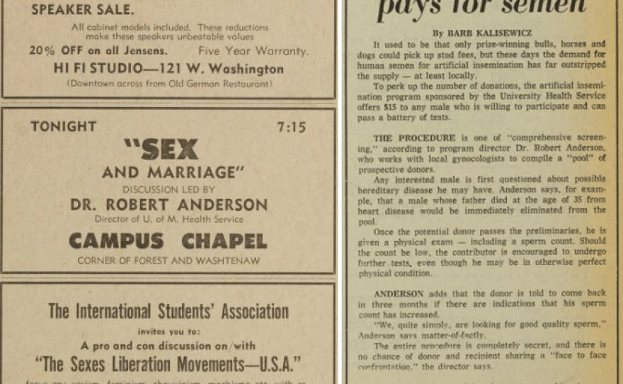 1971 ad and 1975 story in The Michigan Daily