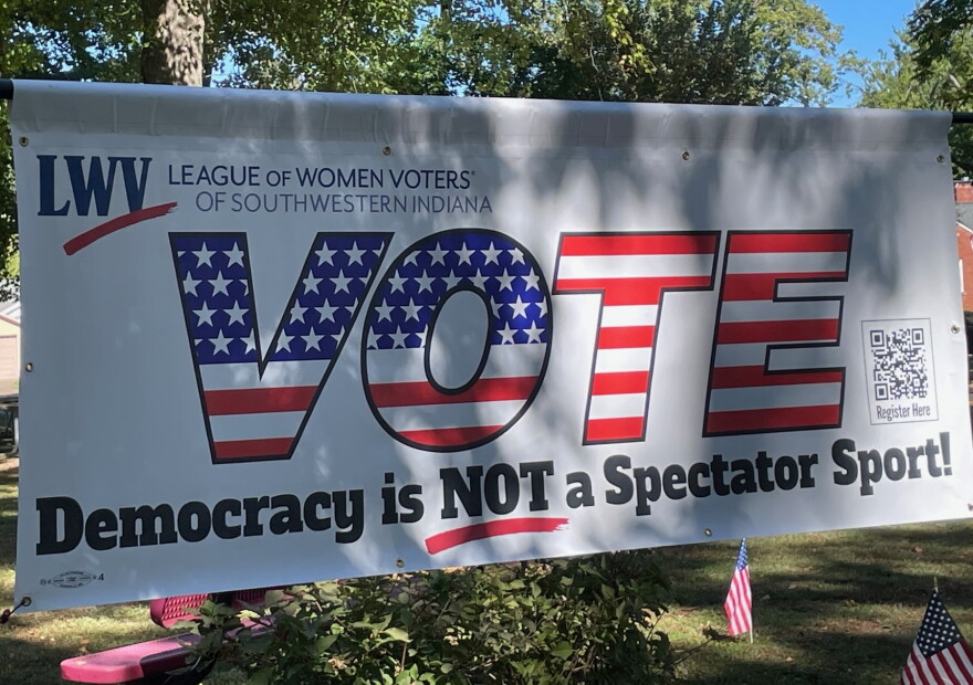 A banner hanging at Vote Fest in Evansville's Vann Park, Oct. 18th, 2026