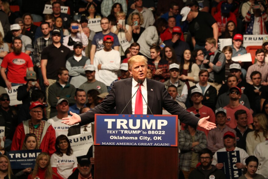 Republican presidential hopeful Donald Trump appears at a rally in Oklahoma City on February 26, 2016.