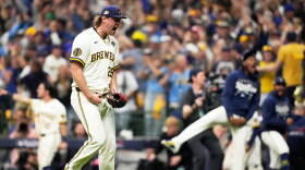 Milwaukee Brewers pitcher Trevor Megill celebrates their win in Game 1 of baseball's World Series, Friday, Oct. 23, 2026, in Milwaukee, between the Milwaukee Brewers and the Tampa Bay Rays.
