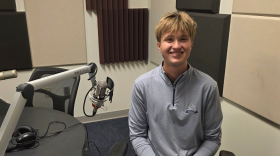 Gavin Kornack at the mic in NPR Illinois Studio F.