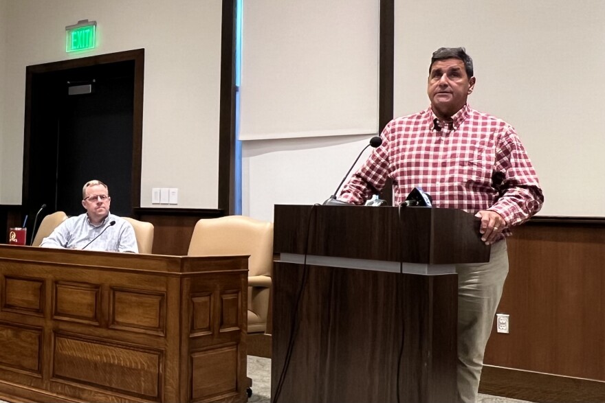 David Noyes, site vice president at the Pilgrim Nuclear Power Station for Holtec Decommissioning International, speaks at Monday's meeting of the Nuclear Decommissioning Citizens' Advisory Panel. Seated near him is panel member David Bryant of the Massachusetts Emergency Management Agency.