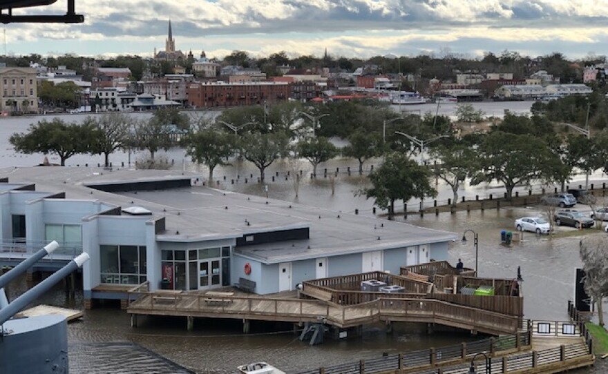 Flooding is seen Jan. 4 at the Battleship North Carolina, on Eagles Island. CEO Capt. Terry Bragg said water covered the entire Battleship grounds -- including the parking lot -- and spilled over the new cofferdam that surrounds the ship.