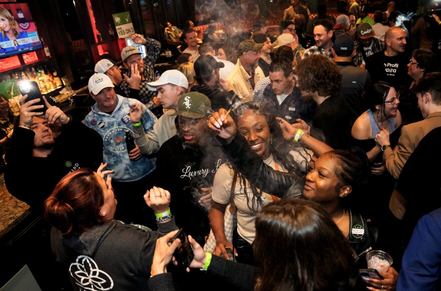 Supporters celebrate the passage of Amendment 3 on Tuesday, Nov. 8, 2022, during a watch party at the Crown Room in downtown St. Louis. Amendment 3 legalizes recreational marijuana in the state of Missouri for individuals over the age of 21 and expunges non-violent marijuana related conviction records excluding sales to minors and driving under the influence.