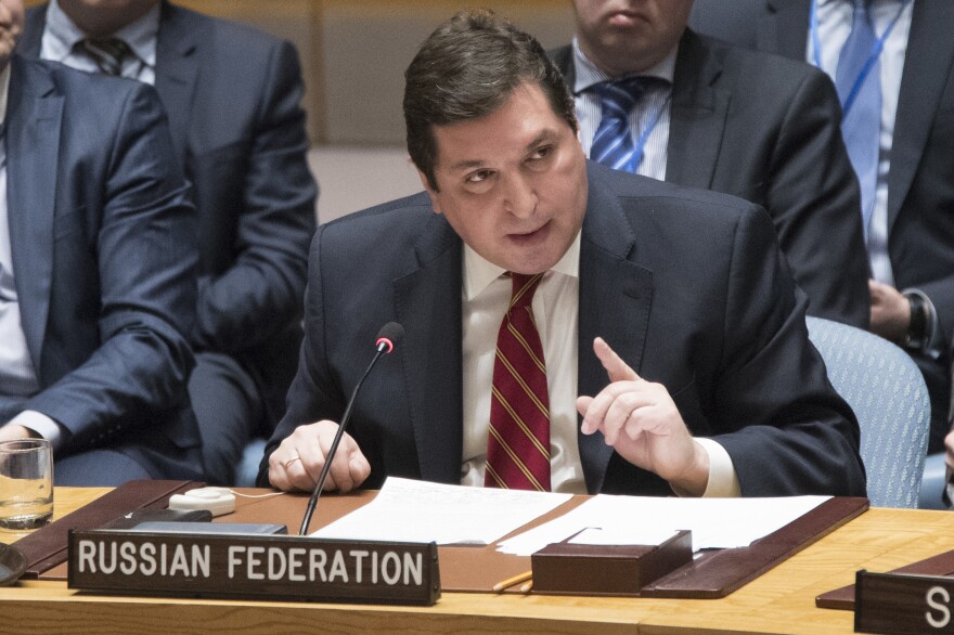 Russia's deputy U.N. ambassador Vladimir Safronkov speaks during a Security Council meeting on the situation in Syria, Friday, at United Nations headquarters.