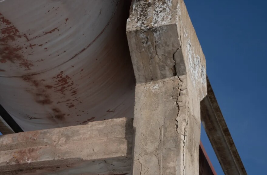 Cracks show on the concrete support pillars that support Butzbaugh Flume on Jan. 19, 2024, in southwestern Colorado. If the flume’s structure had a critical issue, it would cut off water to hundreds of acres downstream.