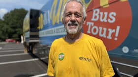 Vern Sowers, a member of the Central Indiana Korger union bargaining committee, at a rally on Wednesday, July 30, 2025.